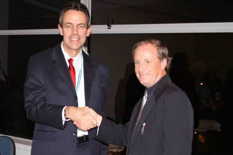 Outgoing CIA President Kevin Friedrich congratulating and handing over the office of President to new Raymond Bodell