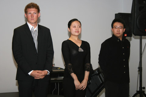 Coupe Mondiale top place winners Grayson Masefield with Mingyuan Ruan and Yicheng Gao awaiting results announcement